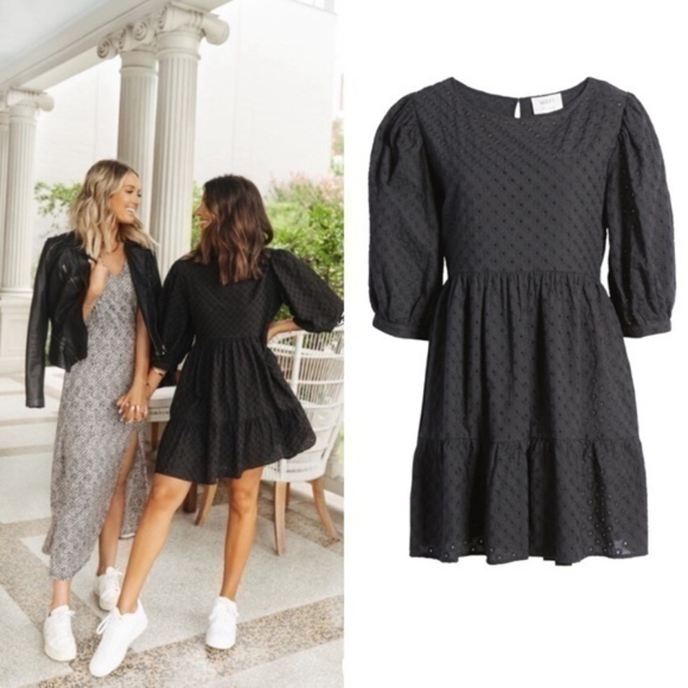 NWT WAYF x BFF Lauren black embroidered eyelet babydoll dress DD29